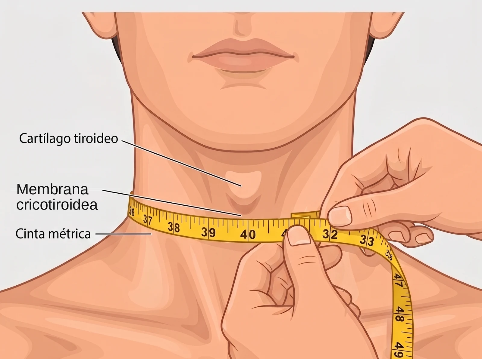 Ilustración de un cuello visto de frente con una cinta métrica rodeándolo a la altura de la membrana cricotiroidea, por debajo de la prominencia del cartílago tiroideo. Dos manos sostienen la cinta plana contra la piel.
